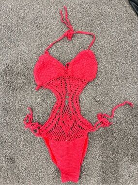Vintage Red Crochet One-Piece Swim Suit